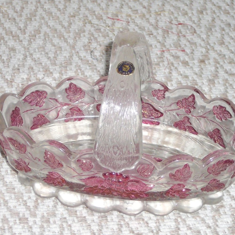 Vintage Westmoreland Grapevine Ruby Red Glass Candy Dish Handled Bowl Unused